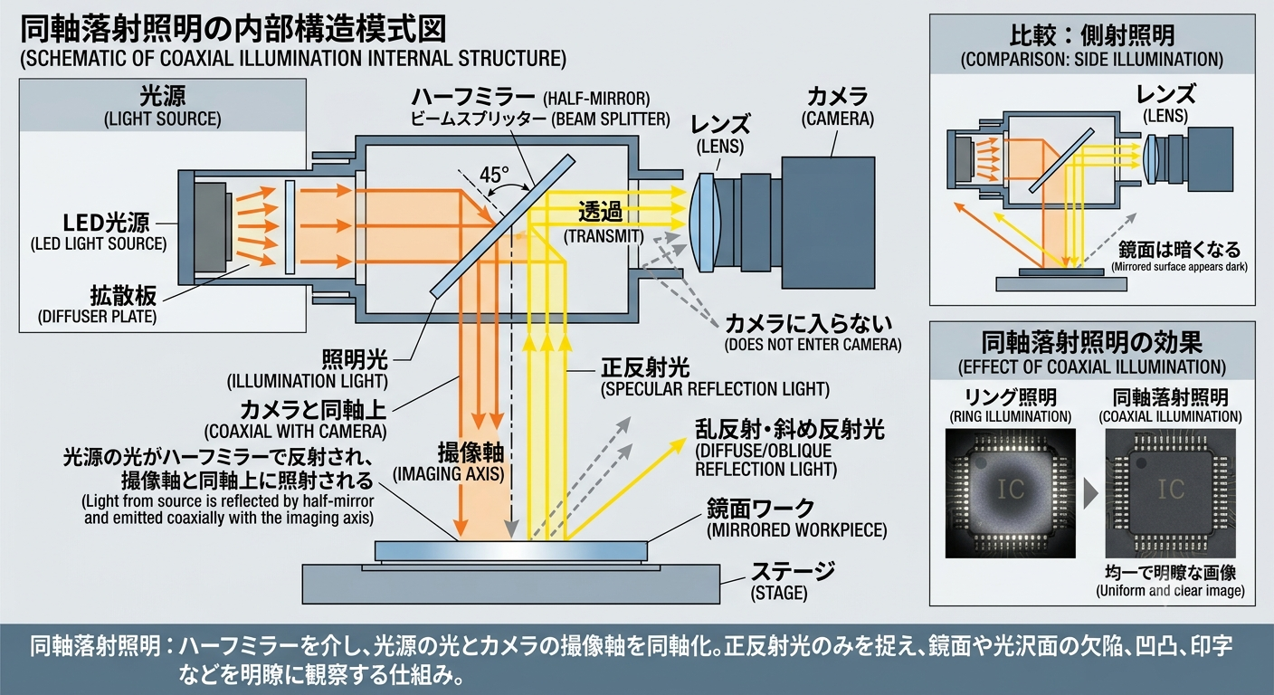 同軸落射照明の構造と照射原理のイメージ図