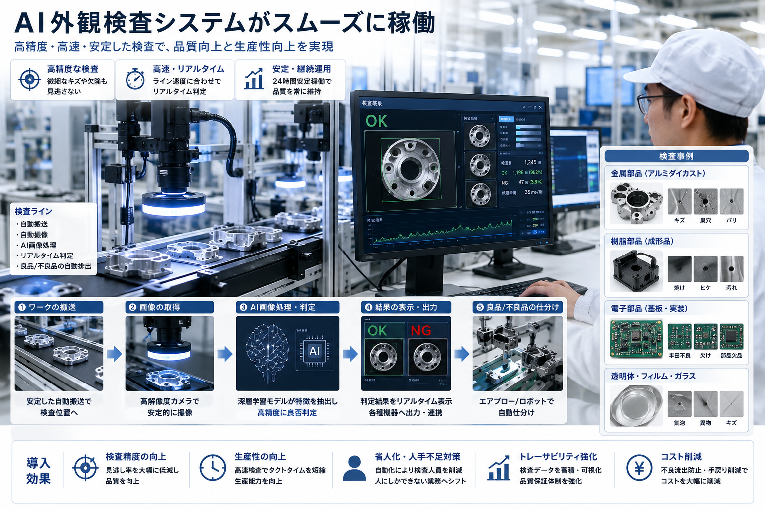 AI外観検査の導入成功と高品質な製造ラインのイメージ