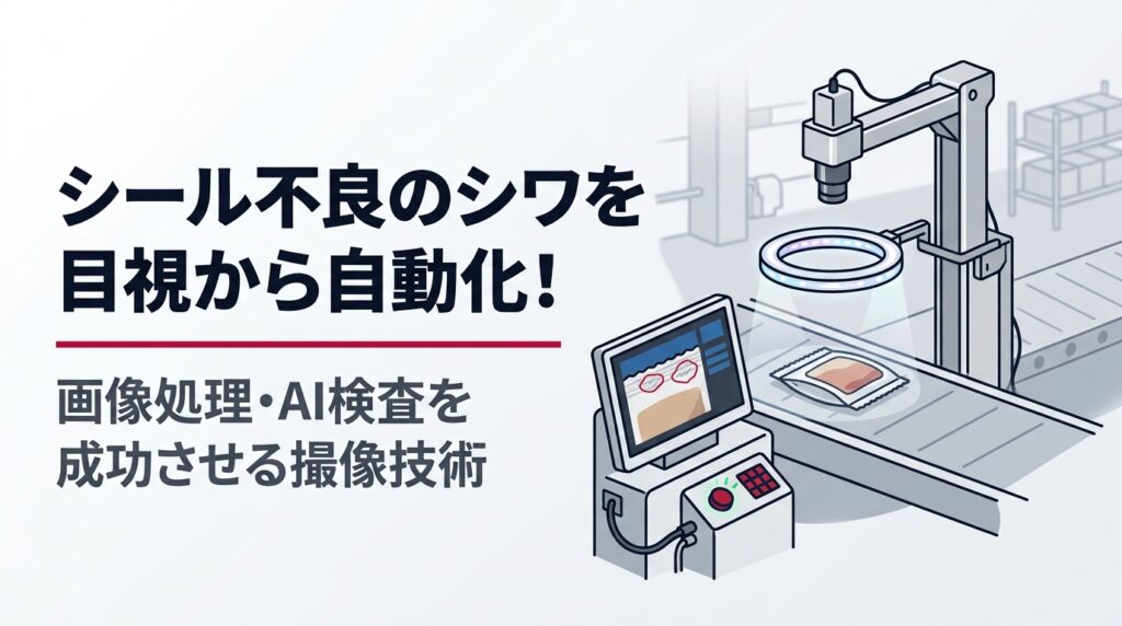 リング照明とカメラを用いた、シール不良のシワを自動で検出するAI外観検査装置のフラットイラスト